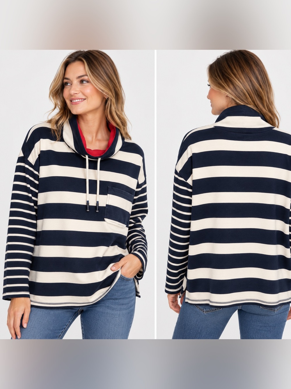 L.L.Bean Women’s Large Striped Cowl Neck Pullover Navy Cream Red Coastal